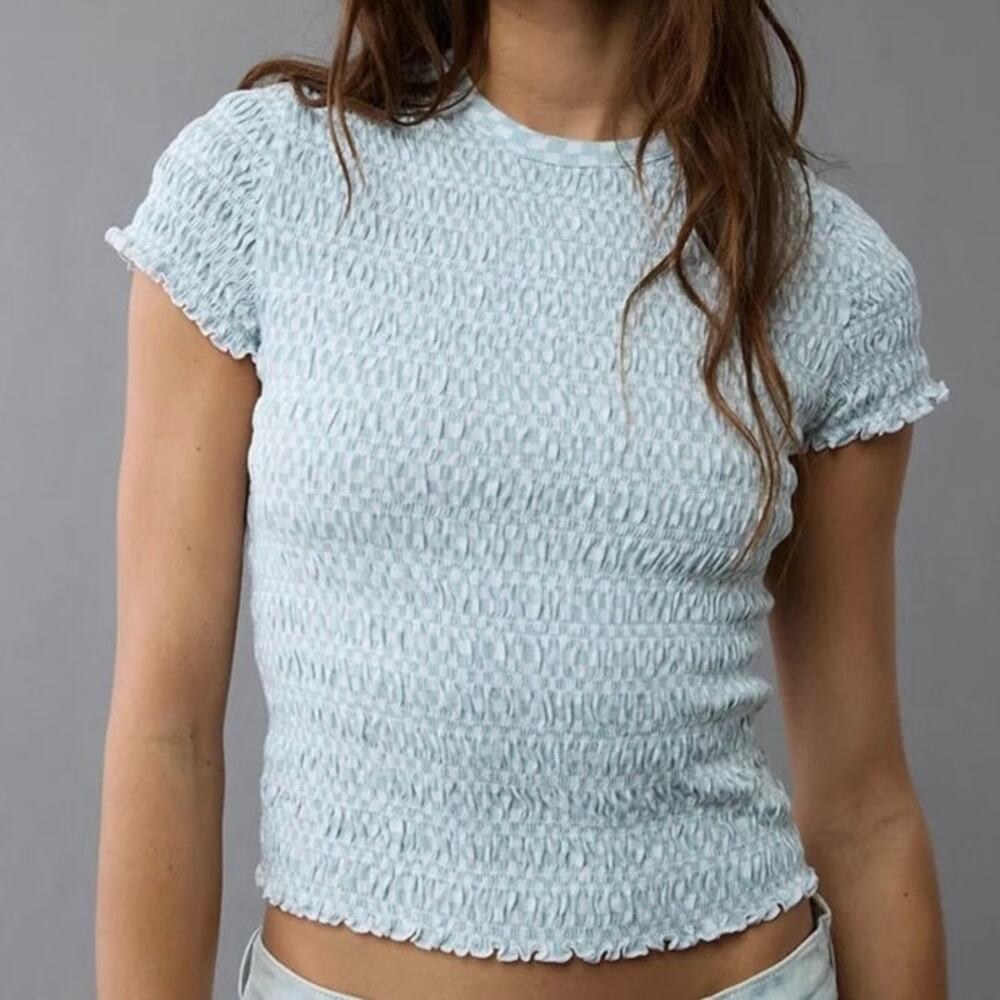 American Eagle AE Smocked Hey Baby Short Sleeve Tee Women’s XS Light Blue 1043
